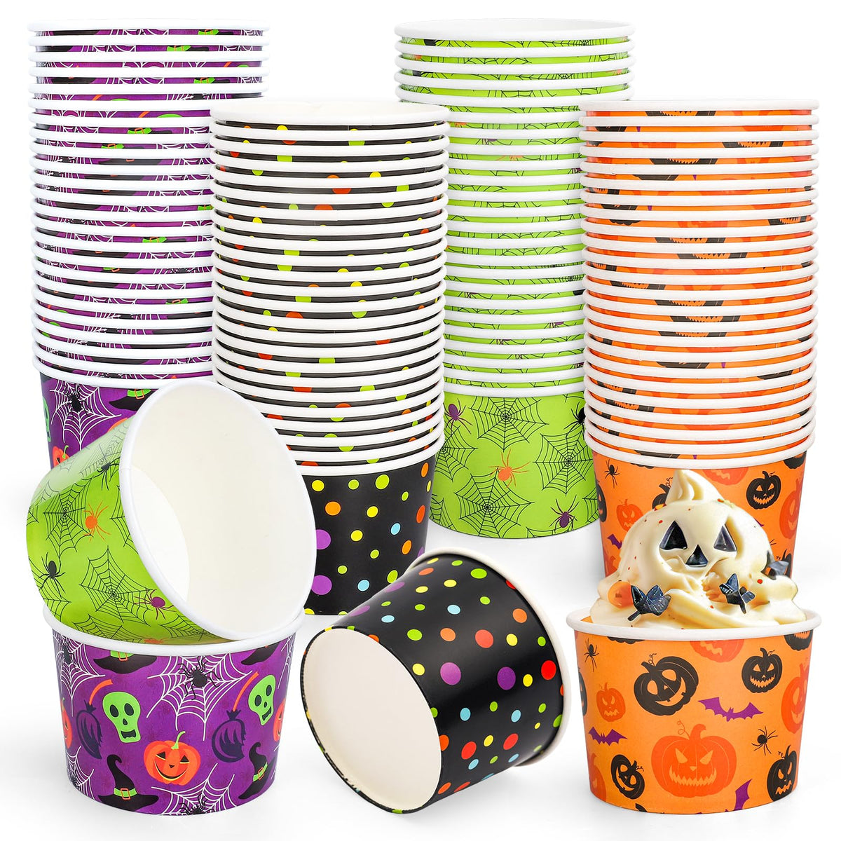 JarThenaAMCS 100 Pcs Halloween Snack Cups Pumpkin Skull Spider Web Dots Disposable Bowls 9oz Ice Cream Dessert Treat Paper Bowls for Hot Iced Food Birthday Trick or Treat Party Supplies