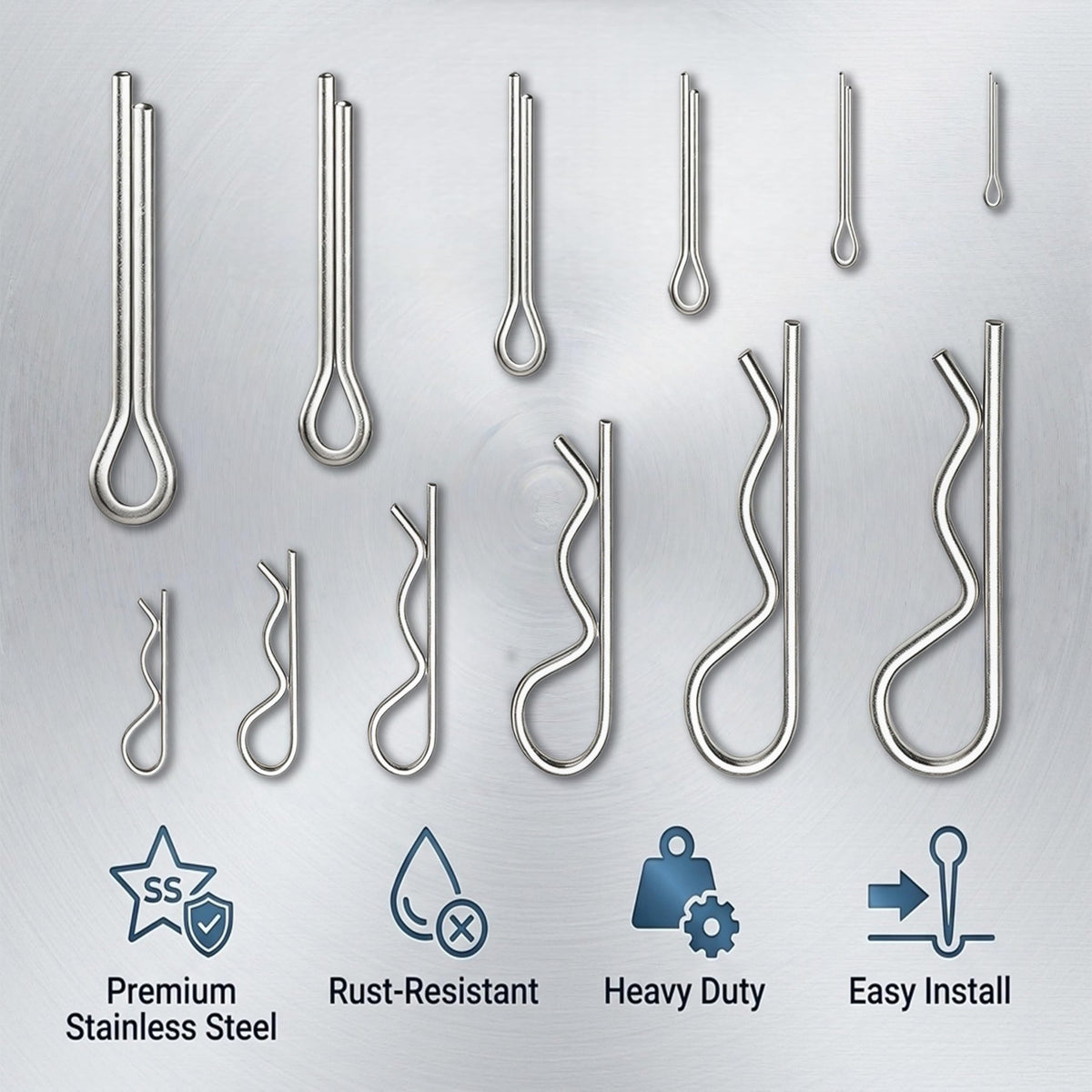 200Pcs 304 Stainless Steel Cotter Pins & R-Clips Assortment Kit, 12 Sizes Hitch Pin Clips for Tractor, Truck, Trailer, and Engine Repair