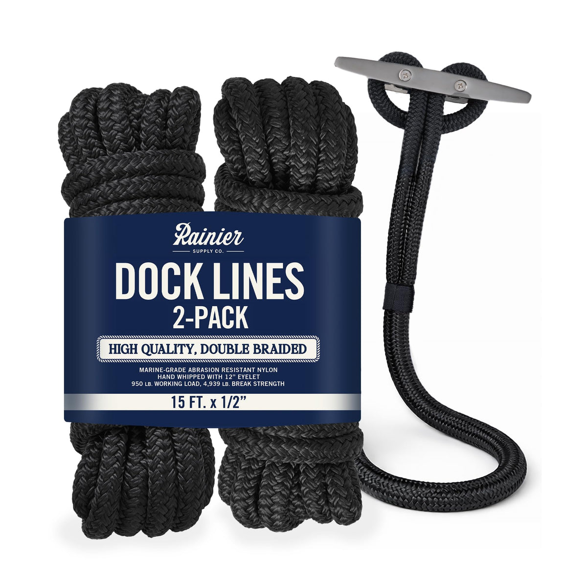 RainierSupplyCo Dock Lines 2-Pack - Boat Rope for Docking with Loop - 15 ft x 1/2 Inch Premium Double Braided Nylon Marine Rope - Mooring Line with 12" Eyelet - Boat Accessories - Black