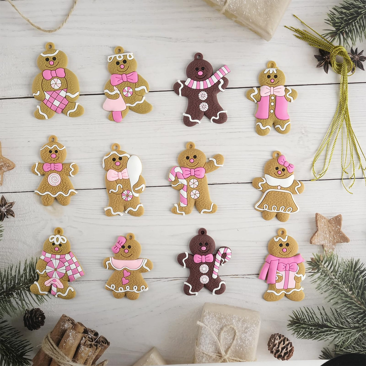 Gingerbread Man Ornaments Christmas Tree Decorations - 12pcs Pink Gingerbread Man Christmas Decorations Hanging Ornaments for Holiday Xmas Tree Home Decor