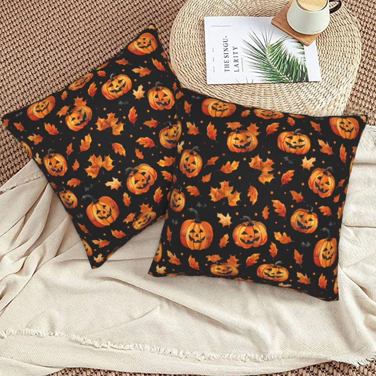 Famame Decorative Pillow Covers Set of 2 Halloween Scary Pumpkins Leaves Throw Pillows Cover 18x18 inch Square Pillowcase Couch Cushion Cases for Sofa Living Room Bedroom Home Decor