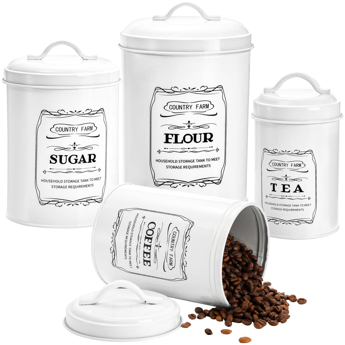 yarlung Set of 4 Kitchen Canisters with Airtight Lids, Coffee Tea Sugar Flour Tin Jars Nesting Food Storage Container Set for Farmhouse Decor, 4 Sizes