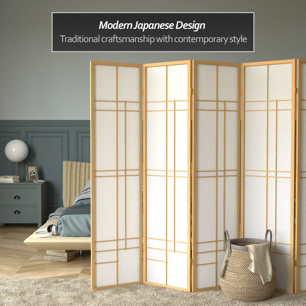 Red Lantern 6 ft. Tall Eudes Shoji Screen - Natural - 5 Panels
