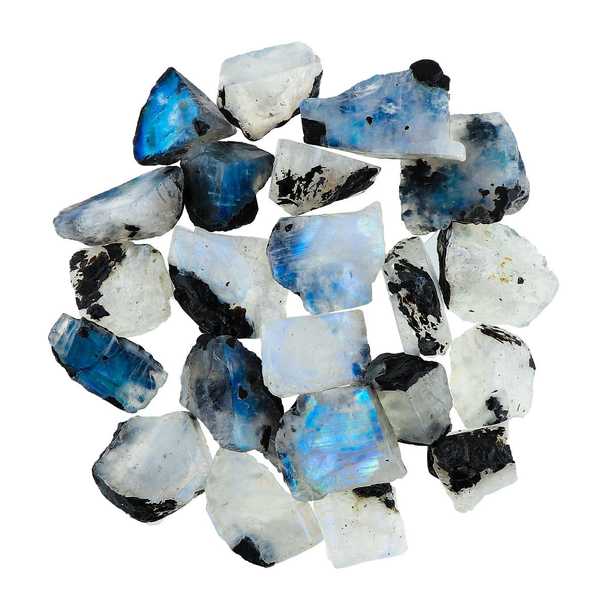 Gemkora 50 ct. Natural Blue Flash Raw Tourmilated Moonstone Crystal Rough Gemstone, Rock, Jewelry Making Supplies, Chakra Healing, Meditation, Art-DIY Stone, (8 to 10pcs) (10-15mm)