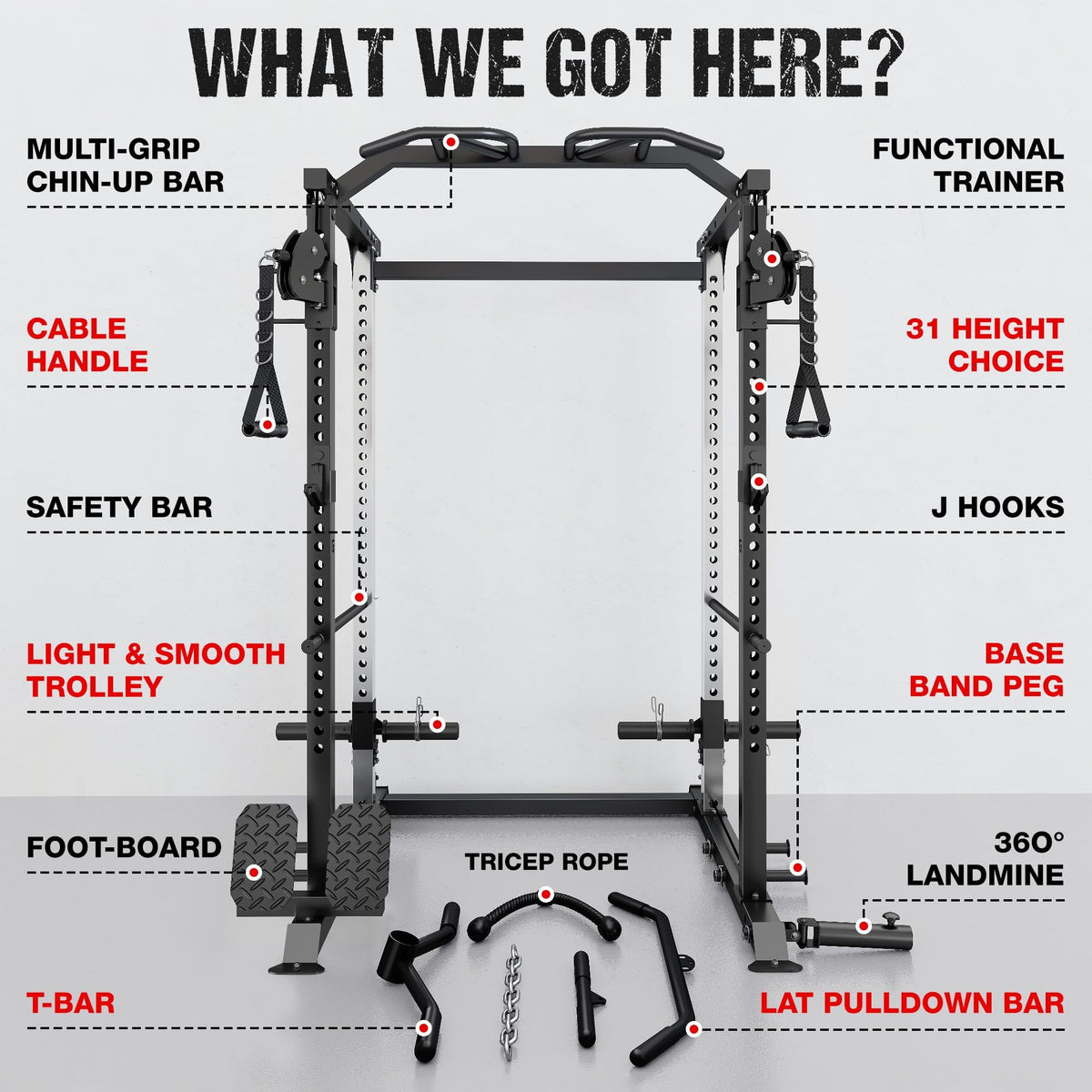 GOIMU DP01 Power Cage, 2000LBS Squat Rack with with Cable Crossover and Dual Independent Pulley System, Full Cage for Full Body Training, Power Rack with More Training Attachments for Home Gym(BK-Pro)