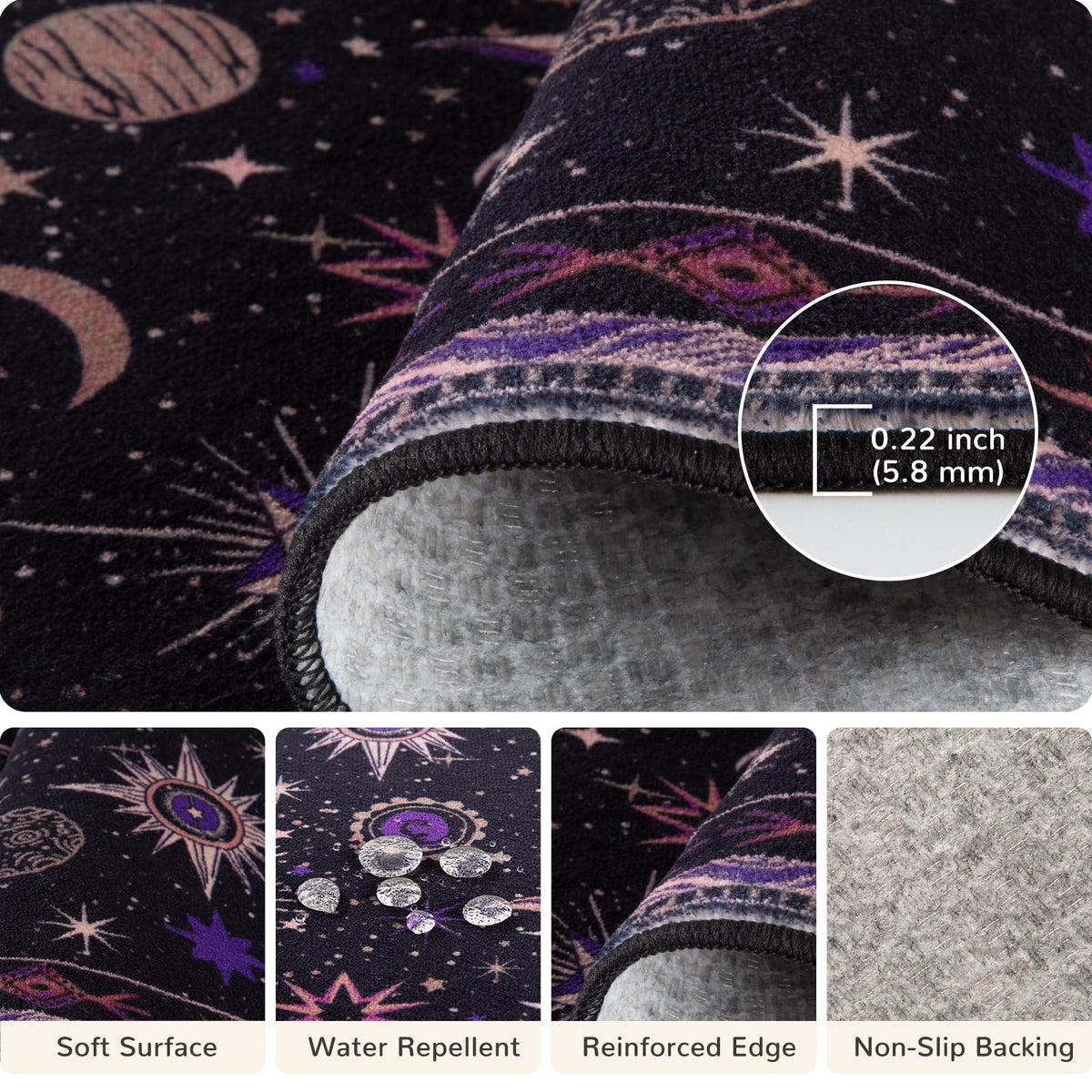 meejou 3x5 Area Rugs, Washable Vacuum-Friendly Non-Slip Rug Vintage Boho Gothic Sun and Moon Printed Pattern Low Pile Carpet for Living Room Bedroom Dining Room Hallway Entryway,Black Purple Beige
