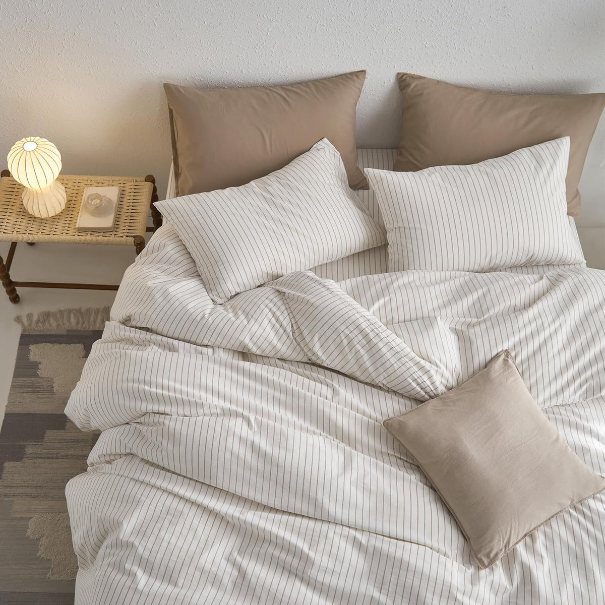MooMee Striped Duvet Cover Set - 100% Washed Cotton, Soft & Breathable | Queen Size (White & Grey Stripes)