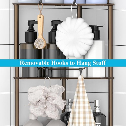 HuggieGems 4-Tier Floor Standing Corner Shower Caddy Organizer - Bronze Bathroom Shelf with Hooks