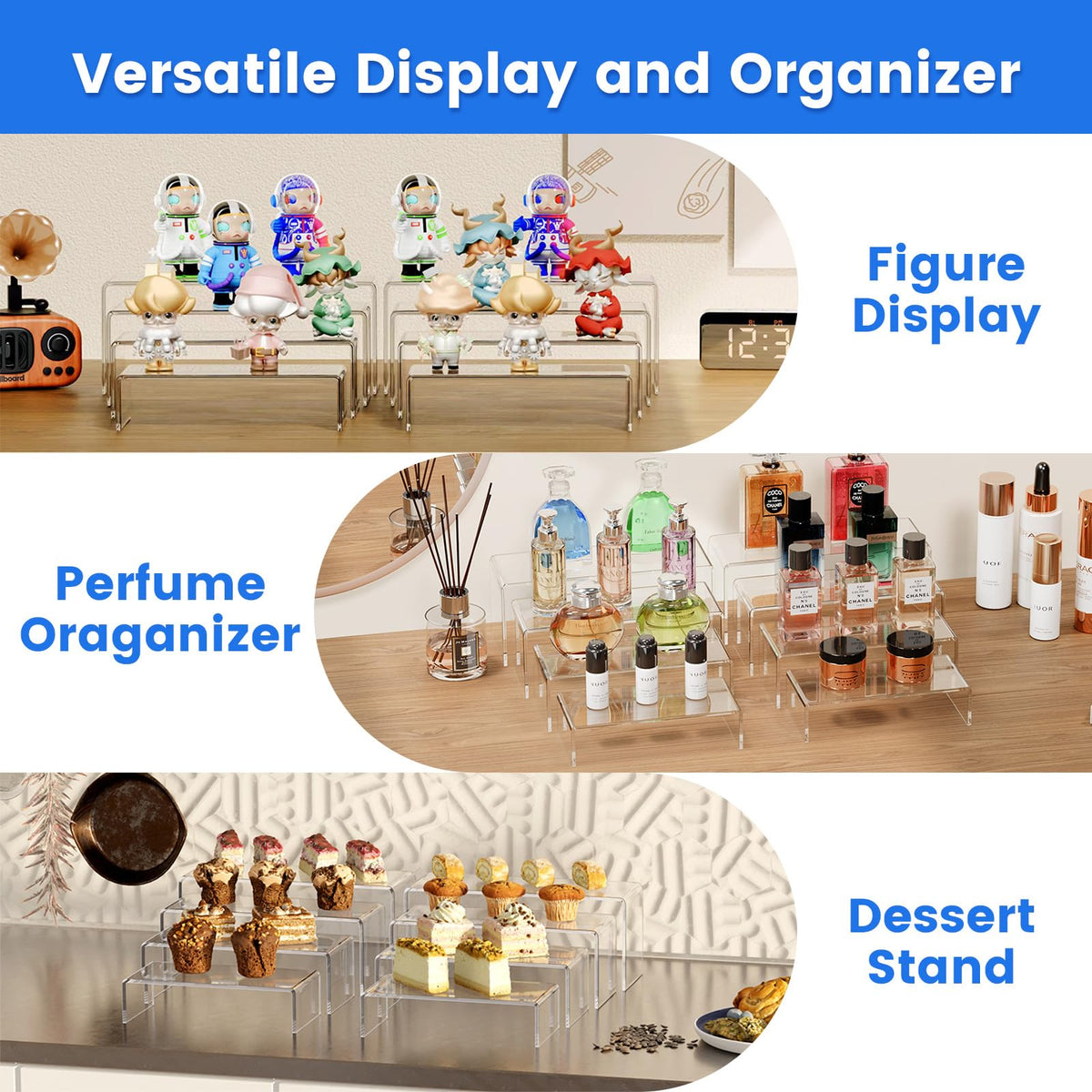 Albumgit Acrylic Display Risers, 8 Pieces Clear Rectangular Tabletop Display Stand for Amiibo Funko POP Figures, Collectibles Jewelry Food Cupcake Dessert Risers Shelf for Decoration and Organizer