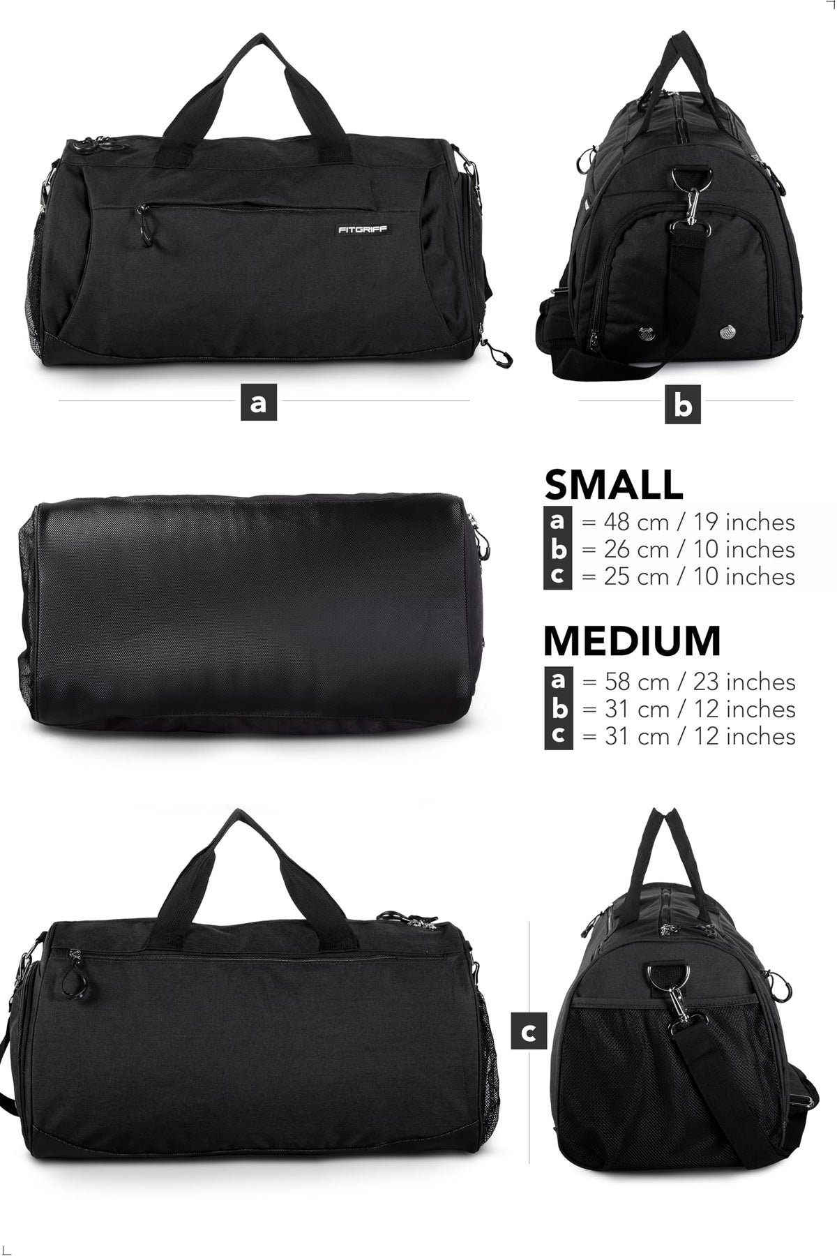 Fitgriff® Gym Bag for Men & Women with Shoe & Wet Compartment - Duffle Bag for Travel, Sports, Fitness & Workout (Full Black, 19 x 10 x 10″ (Small))