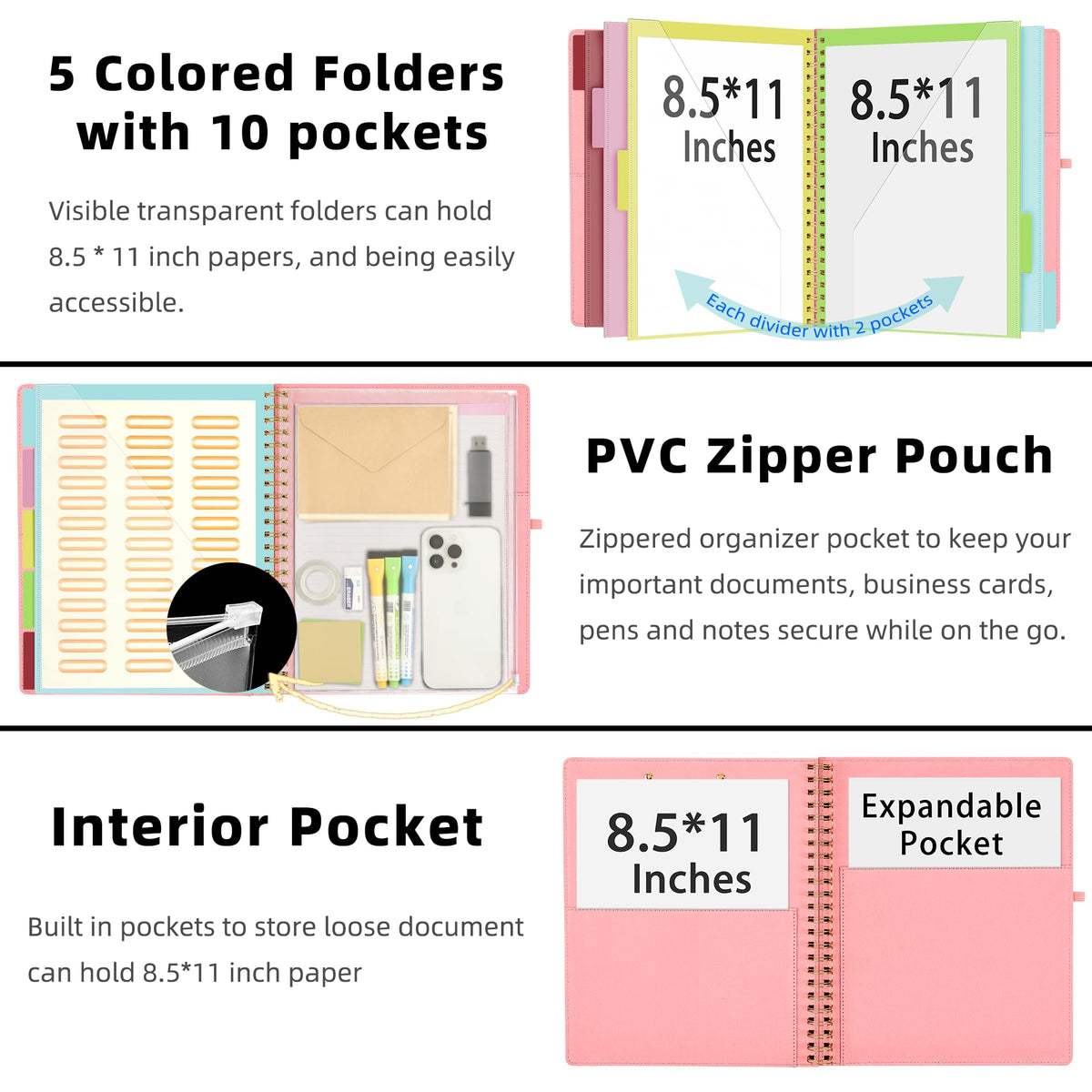 Ospelelf Pink Foldable Spiral Clipboard Folio with Storage Zipper Pouch, 5 Plastic Folders with 10 Pockets,Refillable Lined Notepad (11" x 8.5"), Hardcover Project Organizer with 39 Stickers