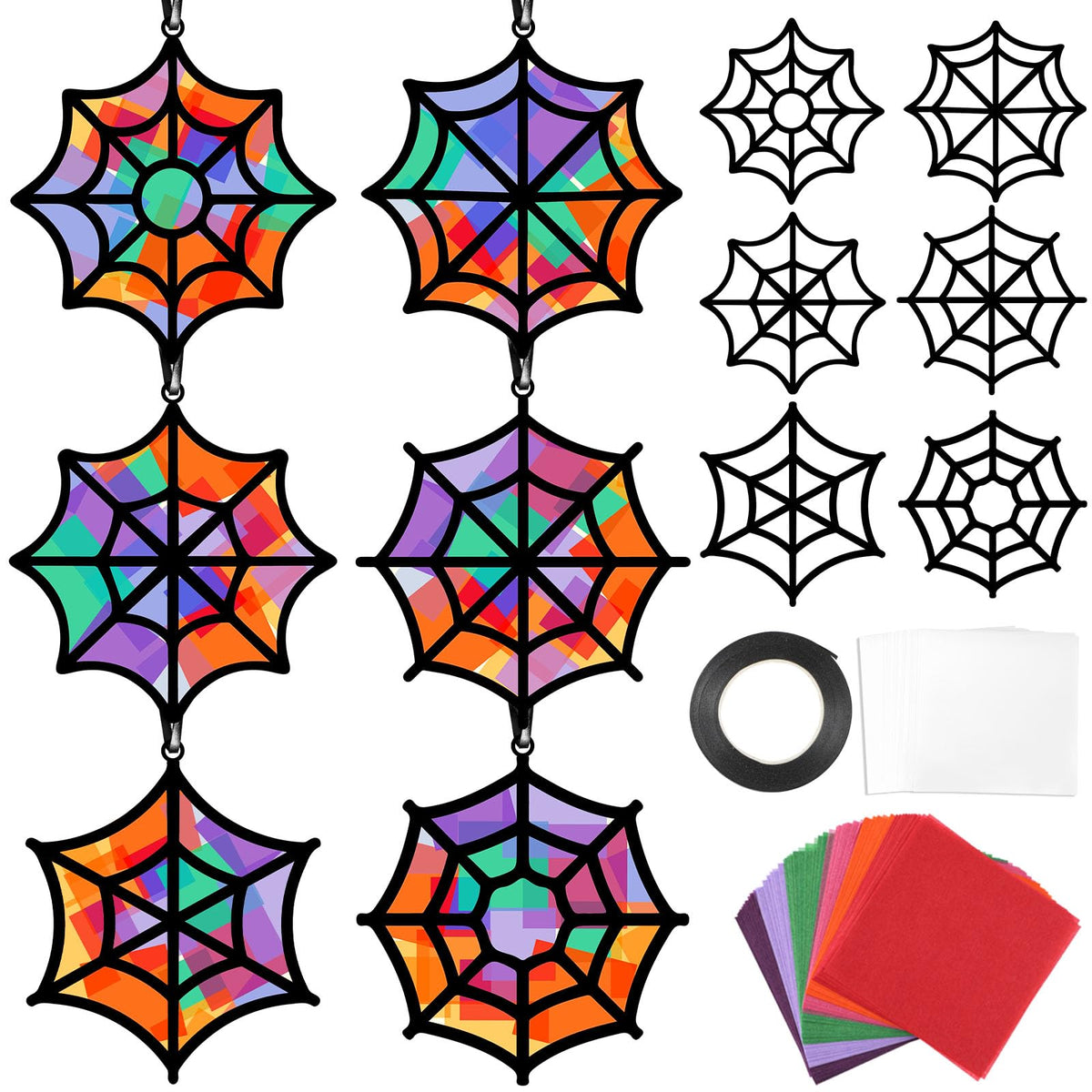 Qyeahkj 36 Set Halloween Spider Web Suncatchers Crafts DIY Hanging Spider Web Tissue Paper Crafts Kit Window Art Ornaments Decor for Halloween Activity Art Project Party Favor Gift