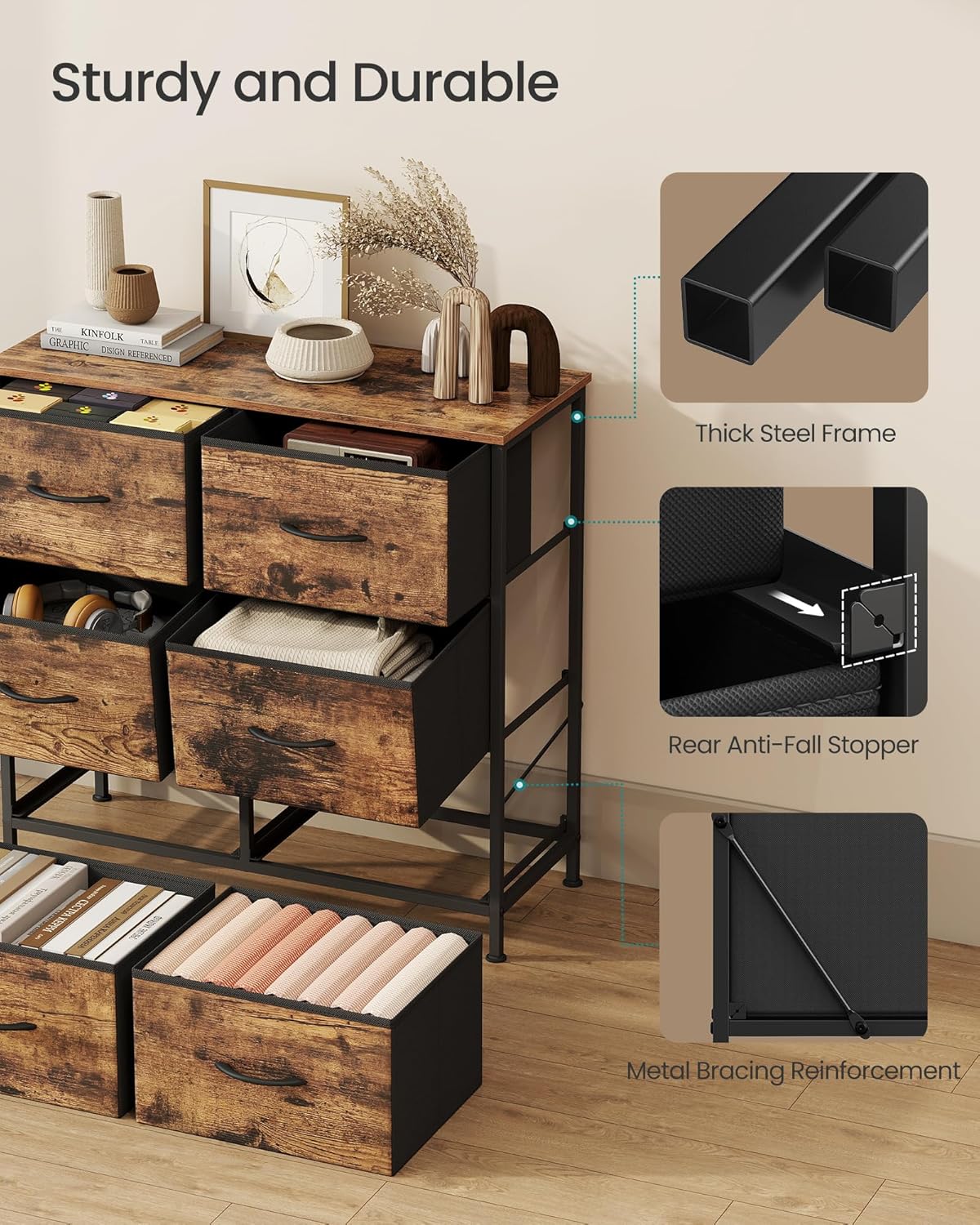 SONGMICS Dresser - 6 Non-Woven Fabric Drawers Storage Organizer Unit | Rustic Brown & Ink Black