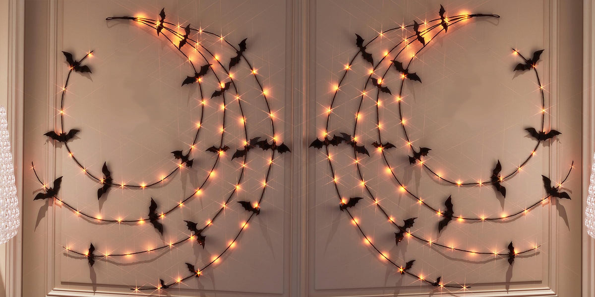 LITBLOOM Halloween Garland with Lights 6FT 80 Orange and Warm White Fairy Lights, Lighted Black Garland Battery Operated with Timer Lit Bats for Wall Porch Decoration (2 Pack)