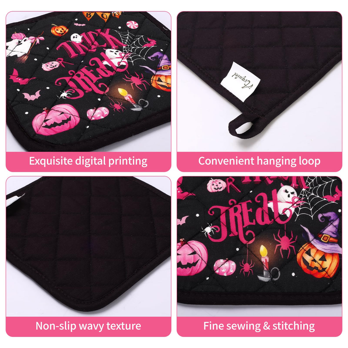 Arquiel Halloween Boo Pink Pumpkin Oven Mitts and Pot Holders Sets 4Pcs, 100% Cotton Heat Resistant, Extra Long Oven Gloves Potholder for Kitchen Cooking Baking Decoration