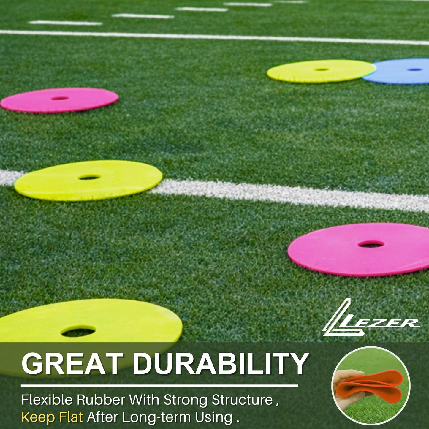 LEZER 9 Inch Flat Cones, Spot Markers, Soccer Cones, Field Court Markers, Sit Spots, Flat Discs, Soccer Training Equipment, Agility Practice, Football, Made in Taiwan, Set of 12