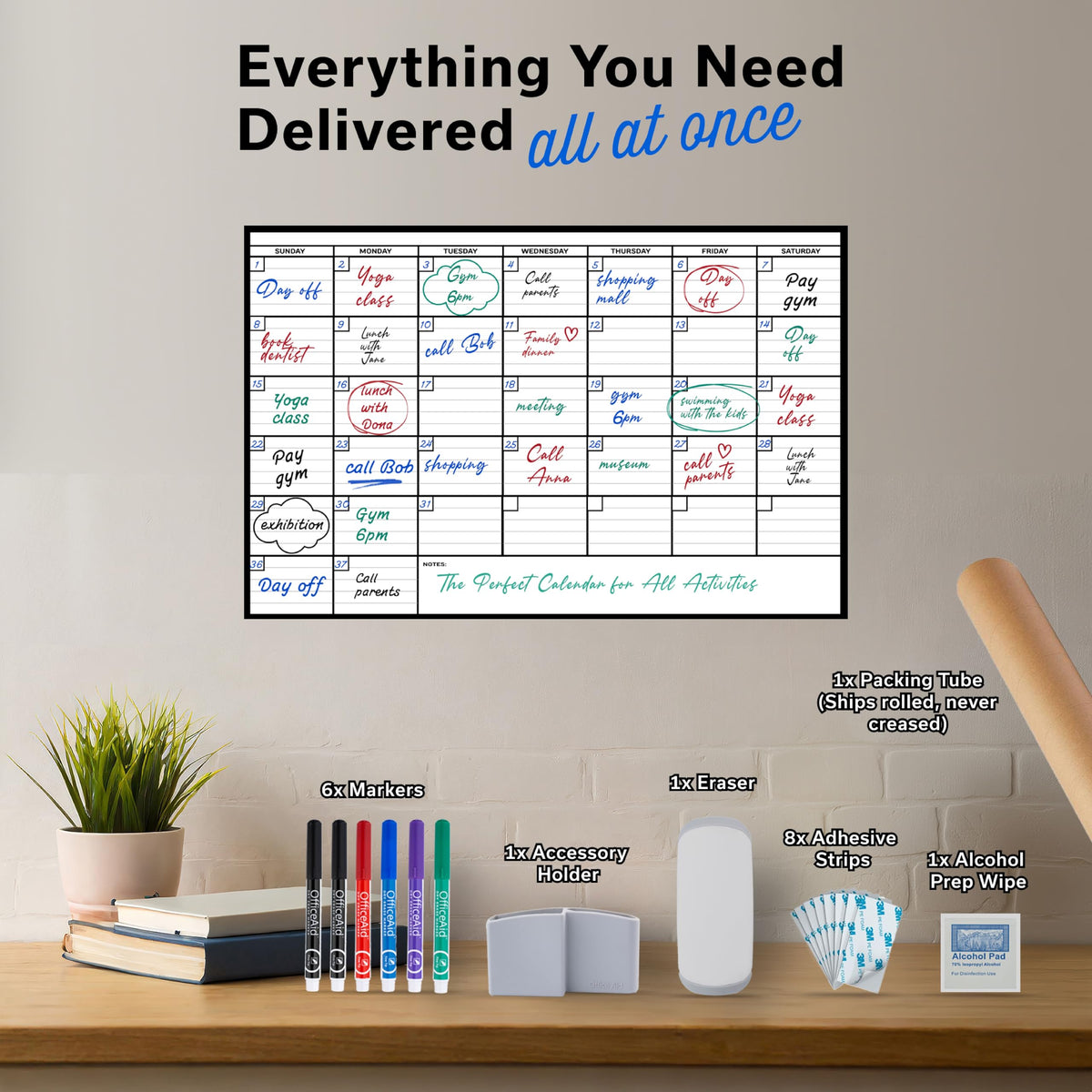 Yearly Large Dry Erase Calendar for Wall 24x36, for Year Family 12 Month, Undated Big Erasable Office, Rolled Whiteboard White Board, Classroom Annual Calendar Planner Dry Erase 36x24 Wall Reusable