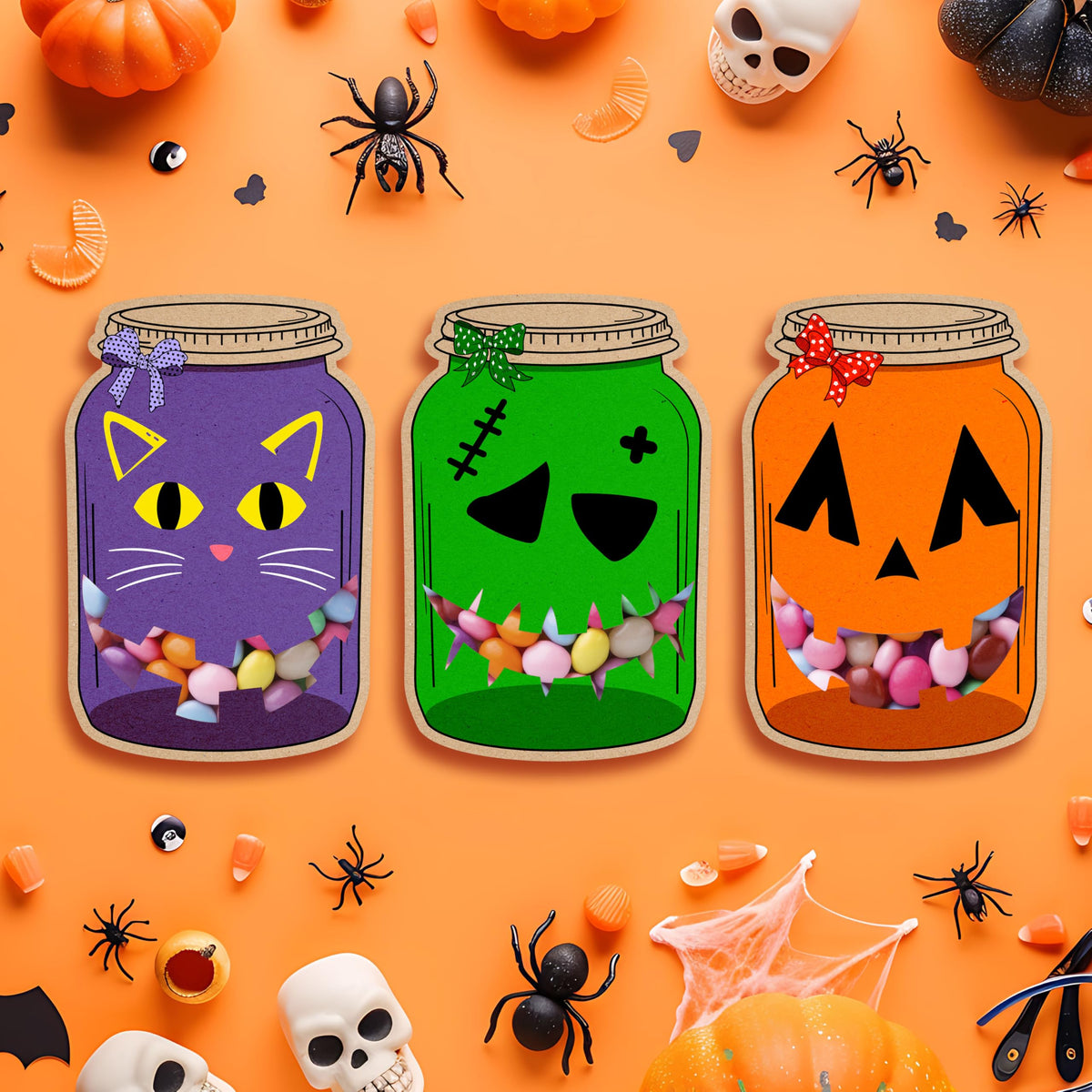 SHIEL-EVEN 50 Pack Halloween Mason Jar Candy Cards for Kids Classroom - School DIY Trick or Treat Bags, Halloween Candy Cards with Clear Bags, Holiday Gifts for Classroom Kids