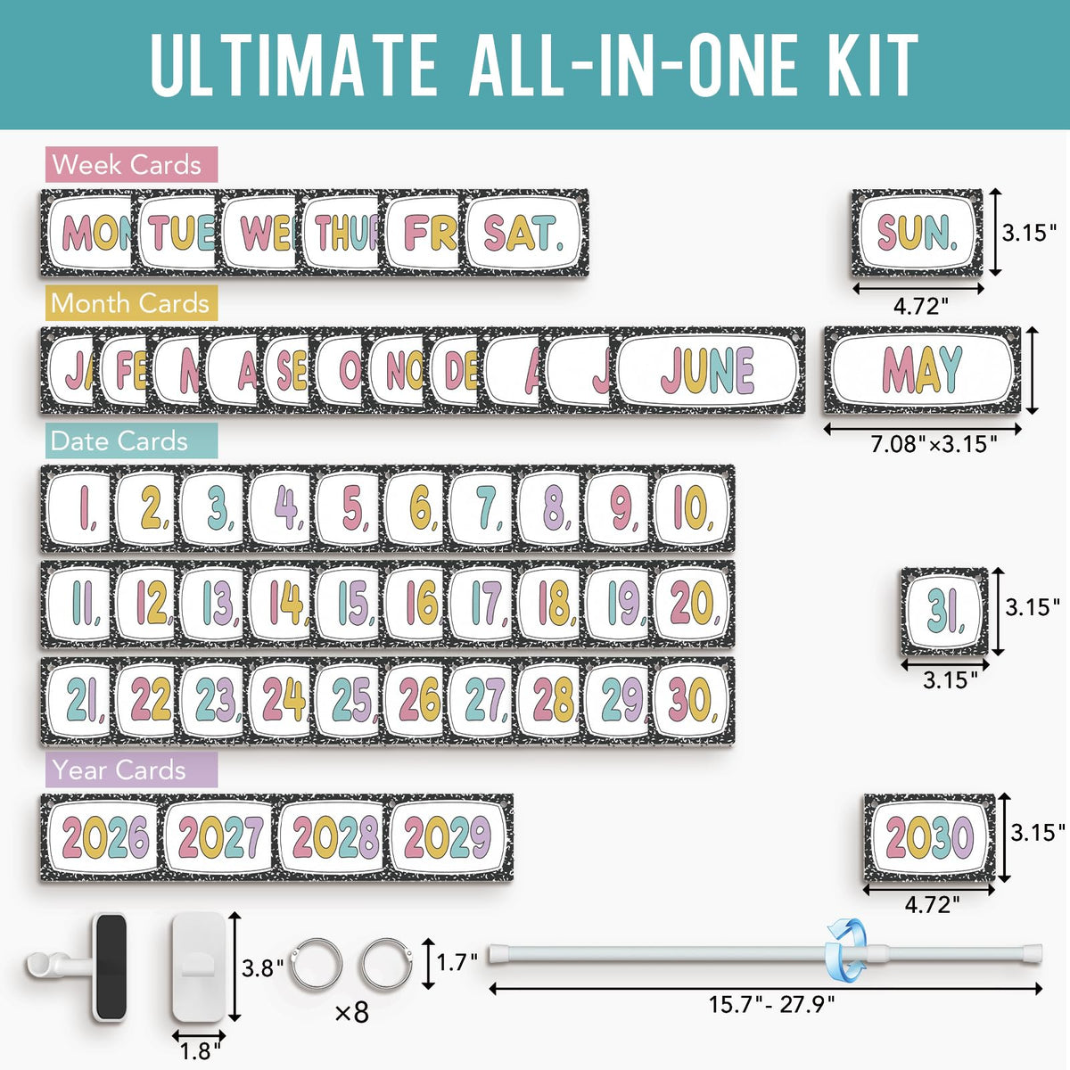 Magnetic Flip Calendar for Classroom - Composition Notebook Date Flip Calendar Set with Magnetic Rod for Classroom Home Whiteboard, Pastel Back to School Decor for Teacher Supplies