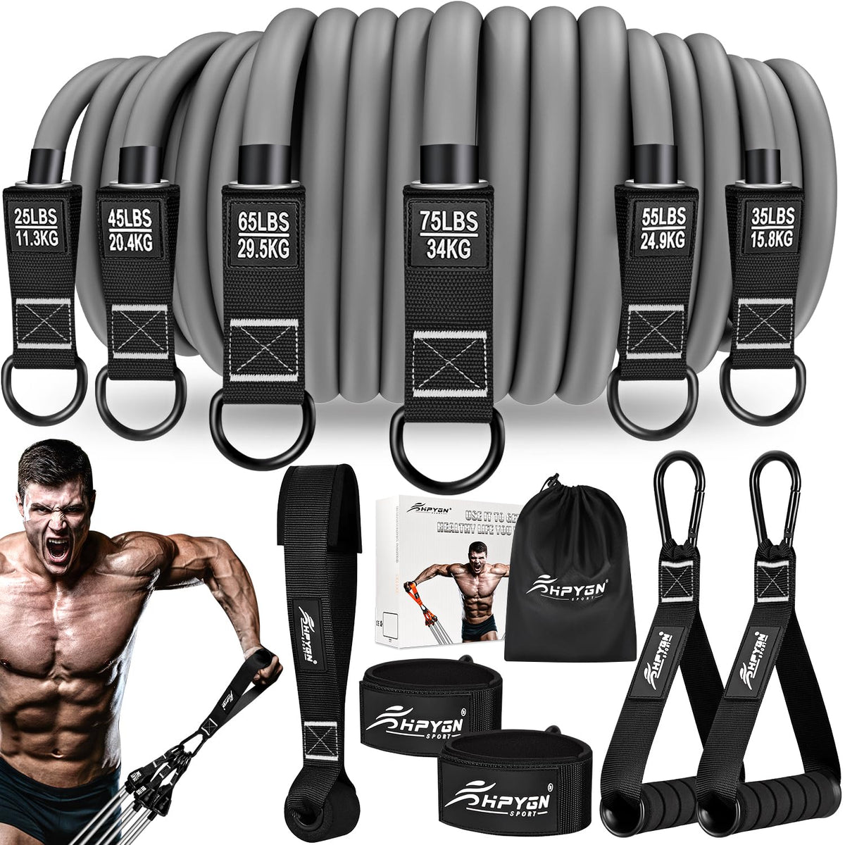 HPYGN Heavy Resistance Bands, Workout Bands with Handles for Men, Fitness Weight Bands for Physical Therapy, Muscle Training, Strength, Slim, Yoga, Home Workout Equipment