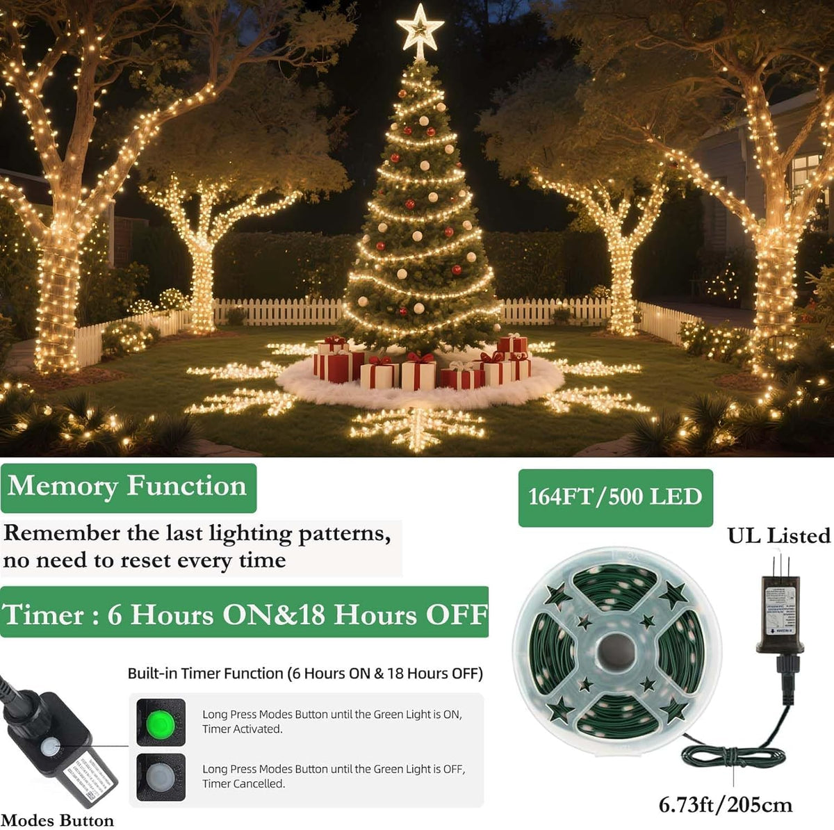 Tcamp 164 Feet 500 LED Christmas Lights, 8 Modes Christmas Tree Lights with Timer Memory Function, Green Wire Starry Fairy String Light for Xmas Tree Halloween Outdoor Indoor Decor (Warm White)