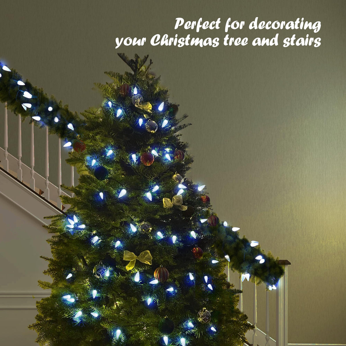 WBao Battery Operated Christmas Lights 100 LED 33ft, C6 String Lights with 8 Modes, Timer, Waterproof Design for Indoor Outdoor Christmas Trees, Fence, Stairs Xmas Decorations, Cool White