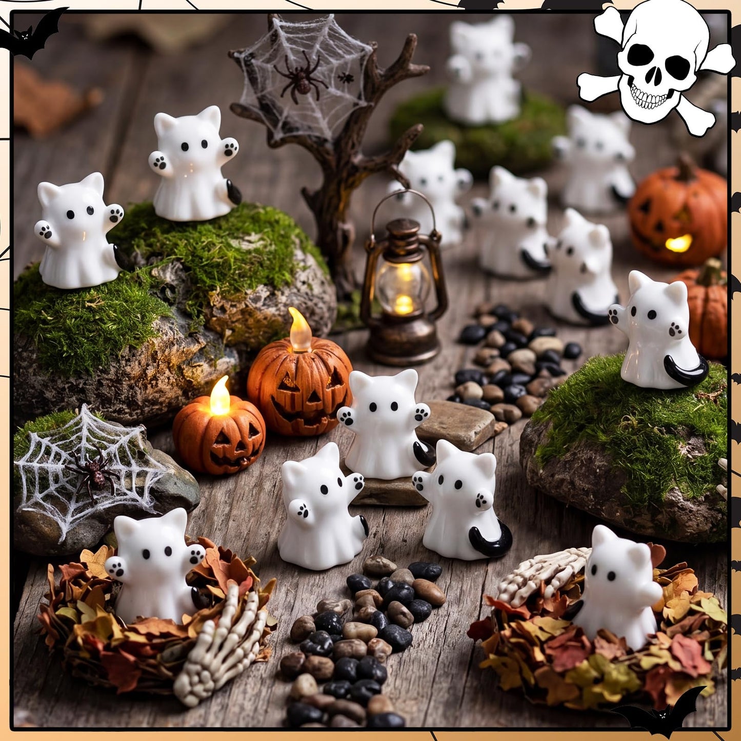 Lineshading 50 Pcs Halloween Mini Cat Ghost Figurines Decor Bulk Cute Ghost Cat Desk Statues 0.98 Inch Cartoon Spooky Figurines for Party Favors Desktop Halloween Decorations Display Ornaments