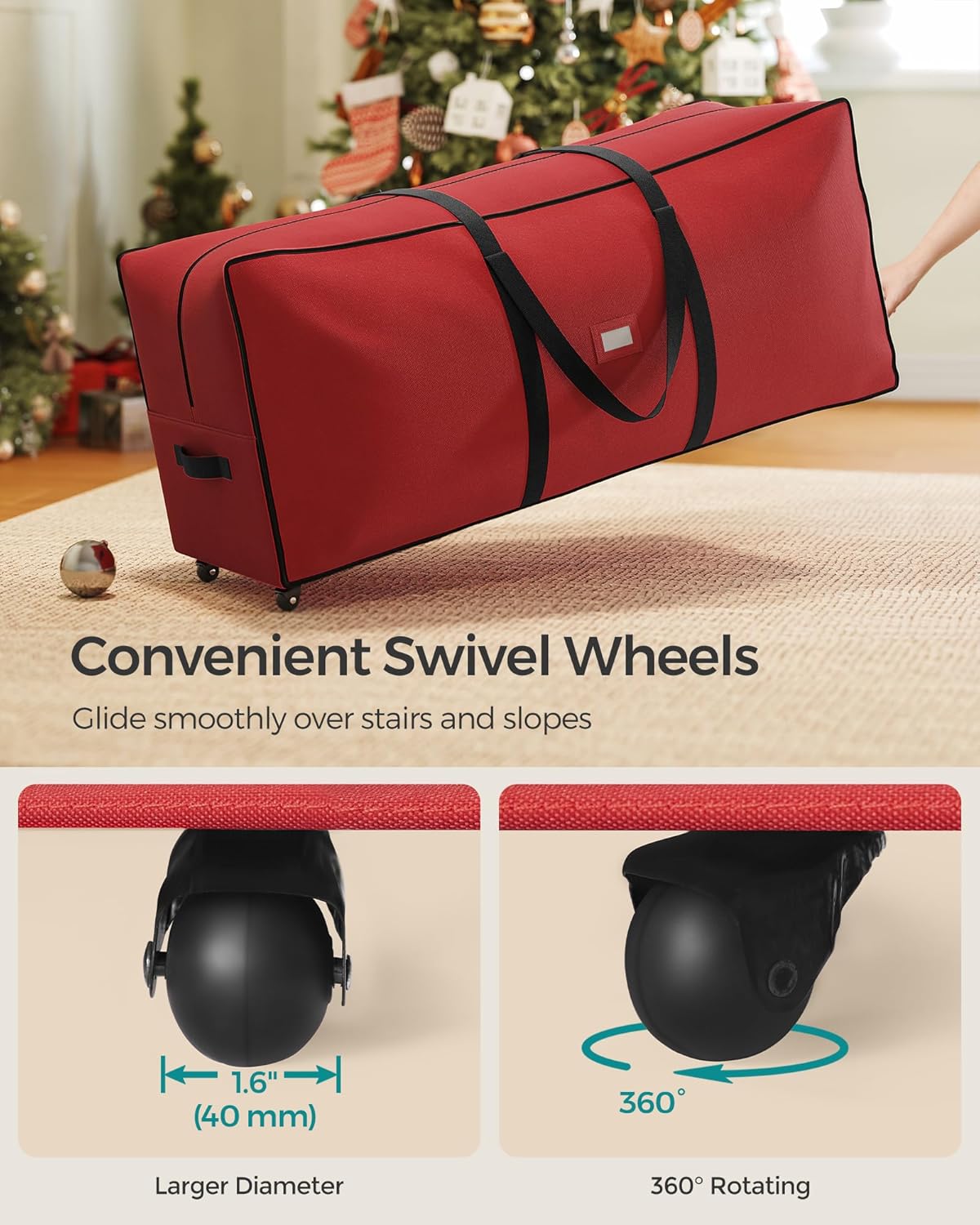 SONGMICS Christmas Tree Storage Bag - Rolling Design with Wheels, Adjustable Handles, 7.5 ft Capacity, Cherry Red