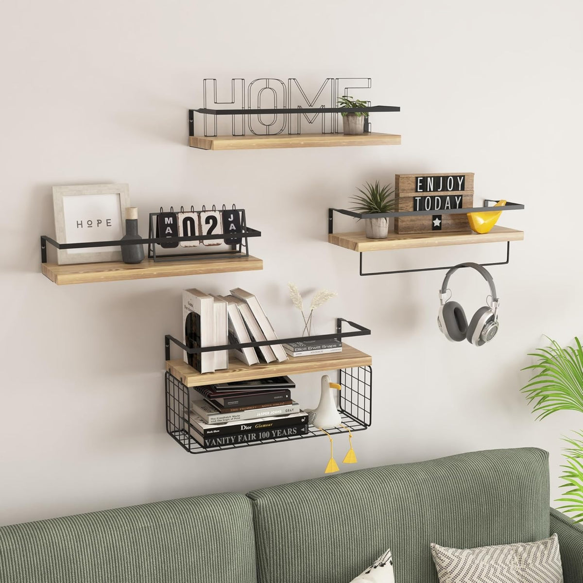 Wood Floating Shelves - 4-Tier Rustic Wall Mounted Shelves with Wire Basket & Towel Bar | Farmhouse Decor
