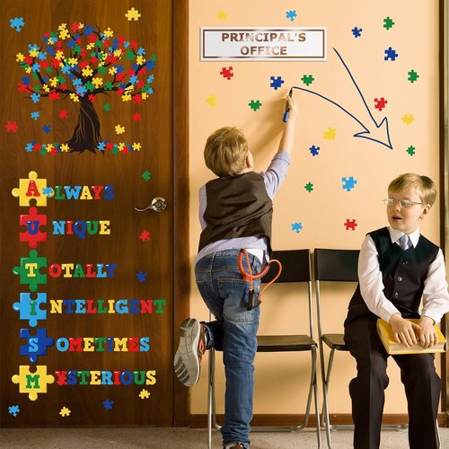 Cinrobiye Autism Awareness Wall Decal - Inspirational Puzzle Piece Tree Design for Classroom Decor