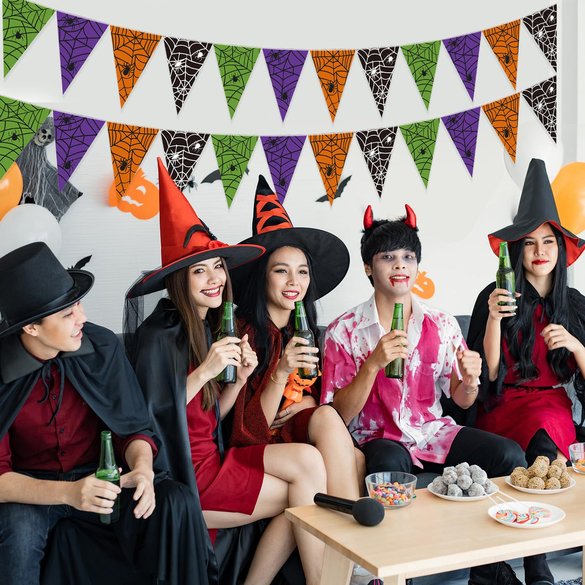 Jetec 5 Pieces 49 Feet Halloween Spider Web Pennant Banner Decorations Black Purple Orange and Green Spooky Spiderweb Triangle Flags Bunting Banners for Halloween Party Decor Indoor Outdoor Supplies
