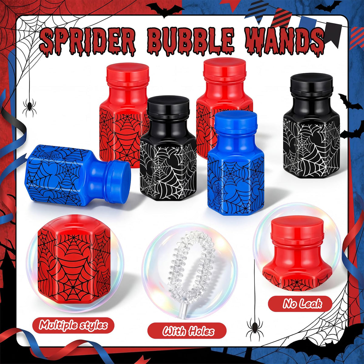 Hollowfly 48 Pcs Spider Party Favors Spider Bubble Wands Mini Bubble Bottles Birthday Party Supplies for Outdoor Activity Birthday Supplies Summer Gifts Goodie Bag Stuffers