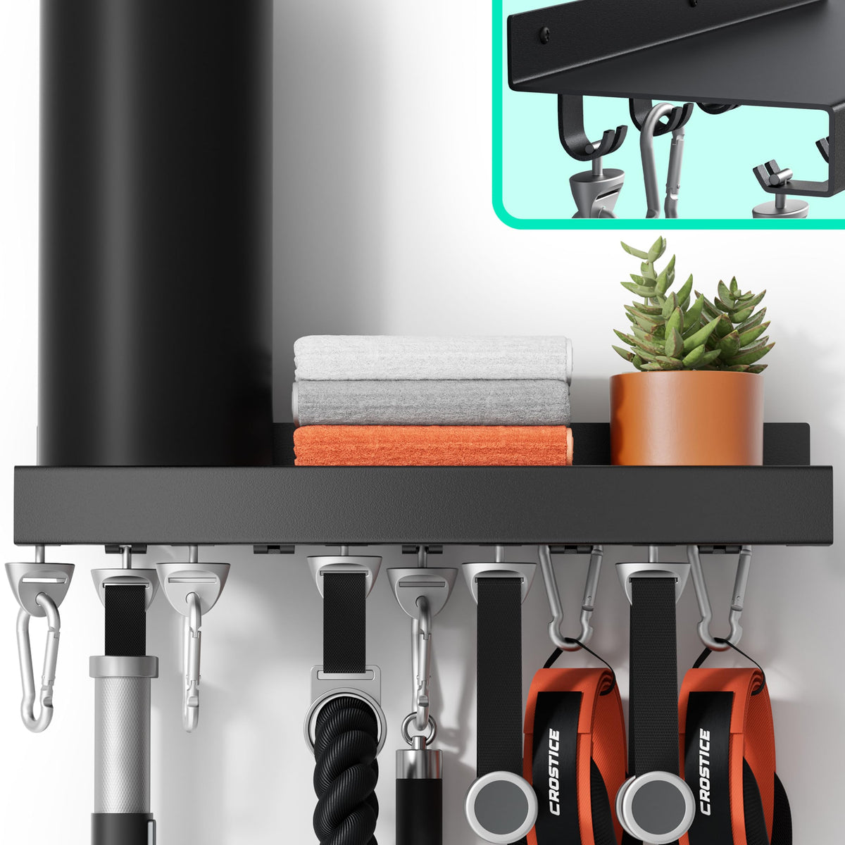 Crostice Metal Shelf Compatible with Tonal Accessories, Floating Shelf Organizer for Home Gym Storage, T-Lock Adapters Bracket Hanger, Gym Rack Wall Mounted with Hooks, Black Workout Holder