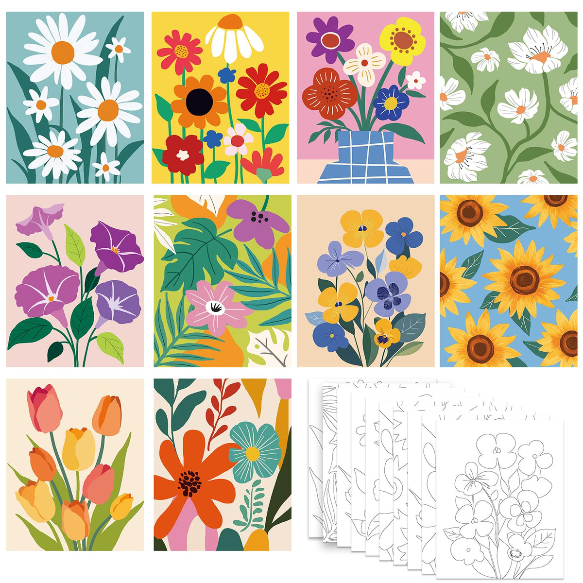 Nuberlic 10 Packs 8X10 Pre Drawn Canvas for Painting Floral Pre Printed Canvas Painting Kit Vibrant Botanical Pre Drawn Canvas to Teens Night Party Supplies
