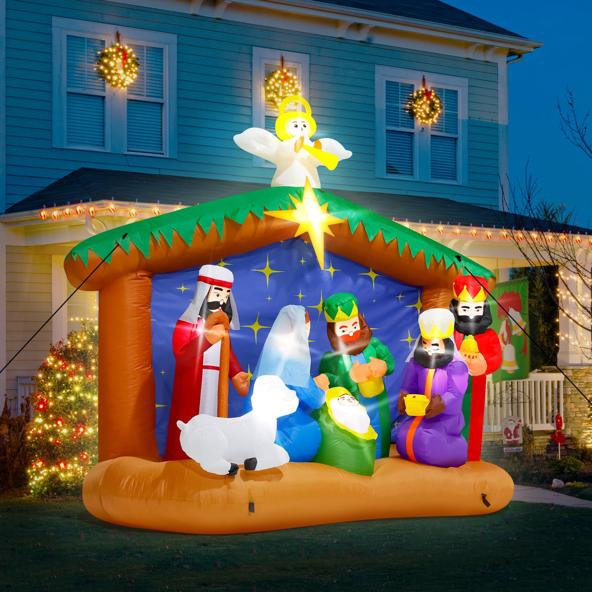 8FT Christmas Inflatables Nativity Scene, Blow Up Christmas Nativity Scene, LED Lighted The Birth of Jesus Scene Inflatables Decor, Christmas Outdoor Inflatable Decor for Xmas Yard Lawn Patio