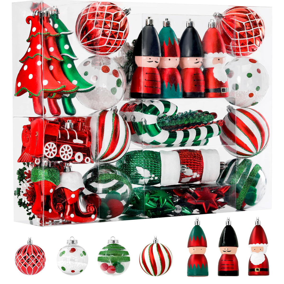 Alupssuc 95pcs Christmas Balls Ornaments Set, Shatterproof Plastic Baubles, Soldiers, Christmas Socks for Xmas Tree Holiday Wedding Party Decorations with Hanging Strings, White, Red and Green