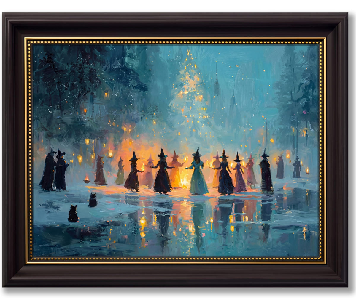 Vbaourut Framed Halloween Witch Wall Art, Magical Coven Canvas Painting, Spooky Forest Poster with Dark Brown Frame and Upgraded Hook and Loop for Living Room, 12x16 in