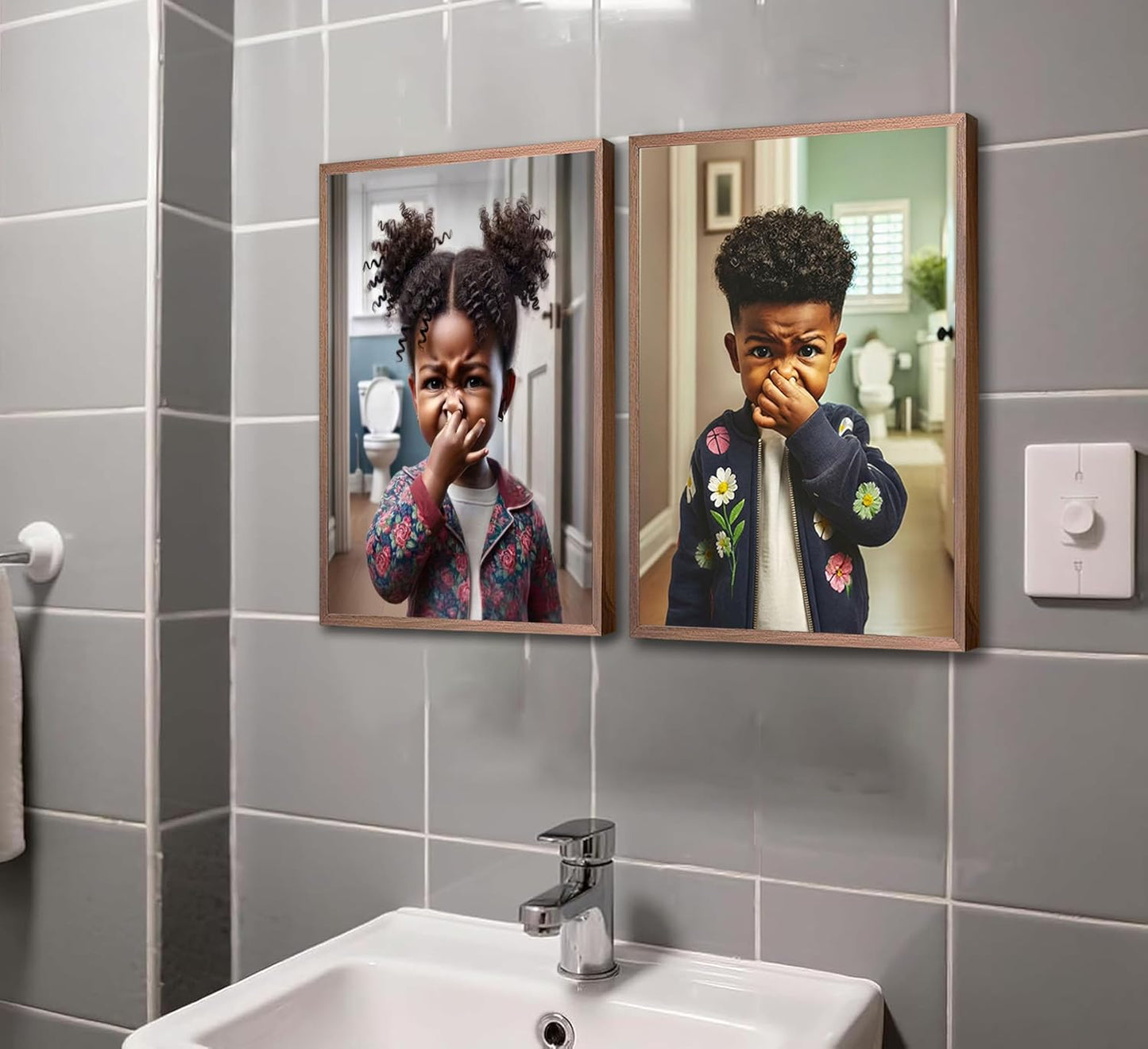 Regine Switzerland Funny Black Kids Bathroom Wall Art - 2Pcs Canvas Prints for Humorous Decor