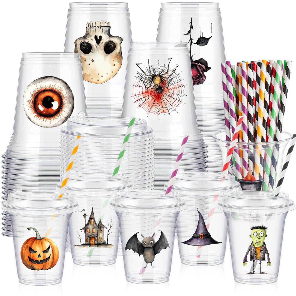 FoldTier 60 Set Halloween Plastic Cups with Lids14 oz Disposable Clear Cups and Paper Straws for Halloween Decorations Party Favor Supplies