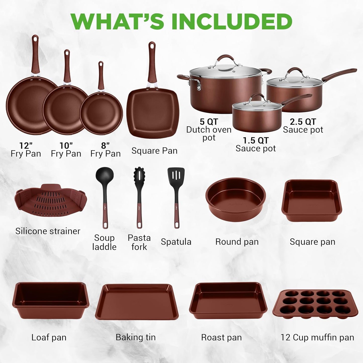 NutriChef 20-Piece Non-Stick Cookware & Bakeware Set - Cool-Touch Handles, Easy Clean, Brown