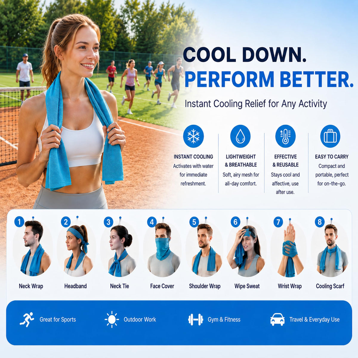 HiFisto 4 Pack Cooling Towels for Neck and Face, Sweat Ice Towels for Gym, Soccer Accessories for Game Day, Workout, Yoga, Golf, Camping, Hiking & Sports, Watch Party, Sports Fans,Hot Weather Relief
