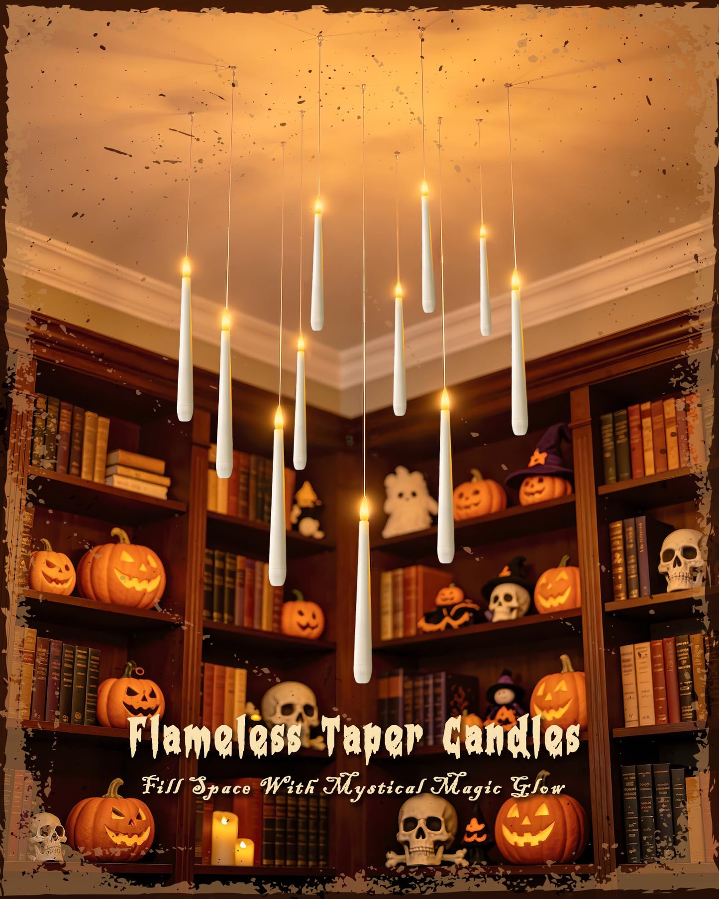 Meigic 20PCS Floating Candles with Wand Remote, Flameless Hanging Taper Candles with Flickering Warm Light, Battery Operated Magic Candles for Halloween Indoor Ceiling Decor, Hallway, Bedroom, Party