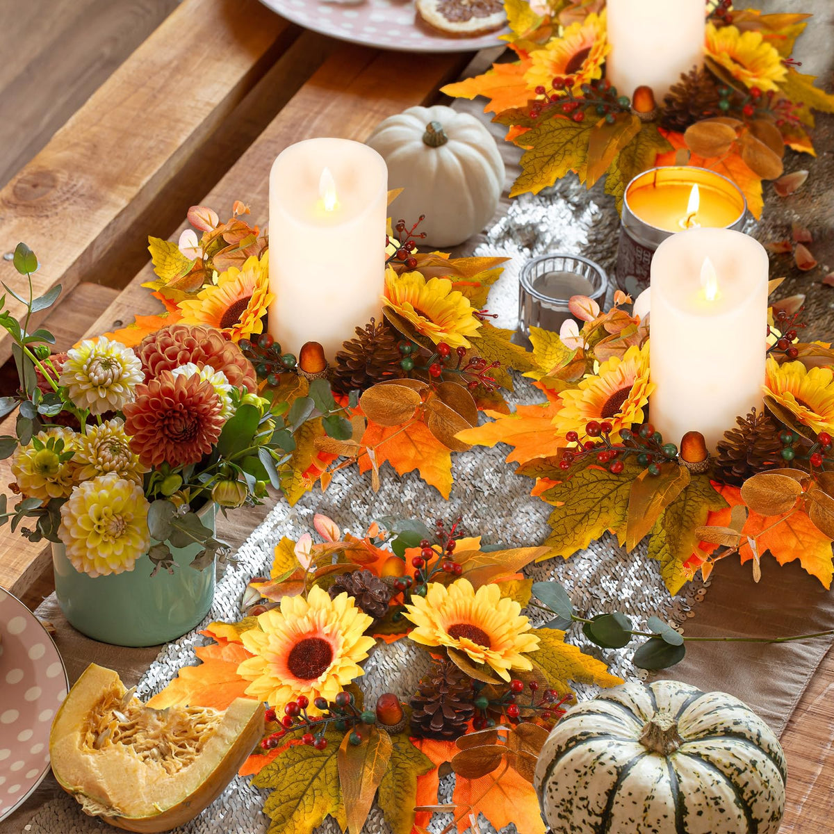 Ceenna 4 Pcs Thanksgiving Fall Candle Rings 3.7 Inch Center Fall Candle Rings Wreath Thanksgiving Autumn Decorative Artificial Maple Leaf Sunflowers Floral Holder Festival Holiday Party Decoration