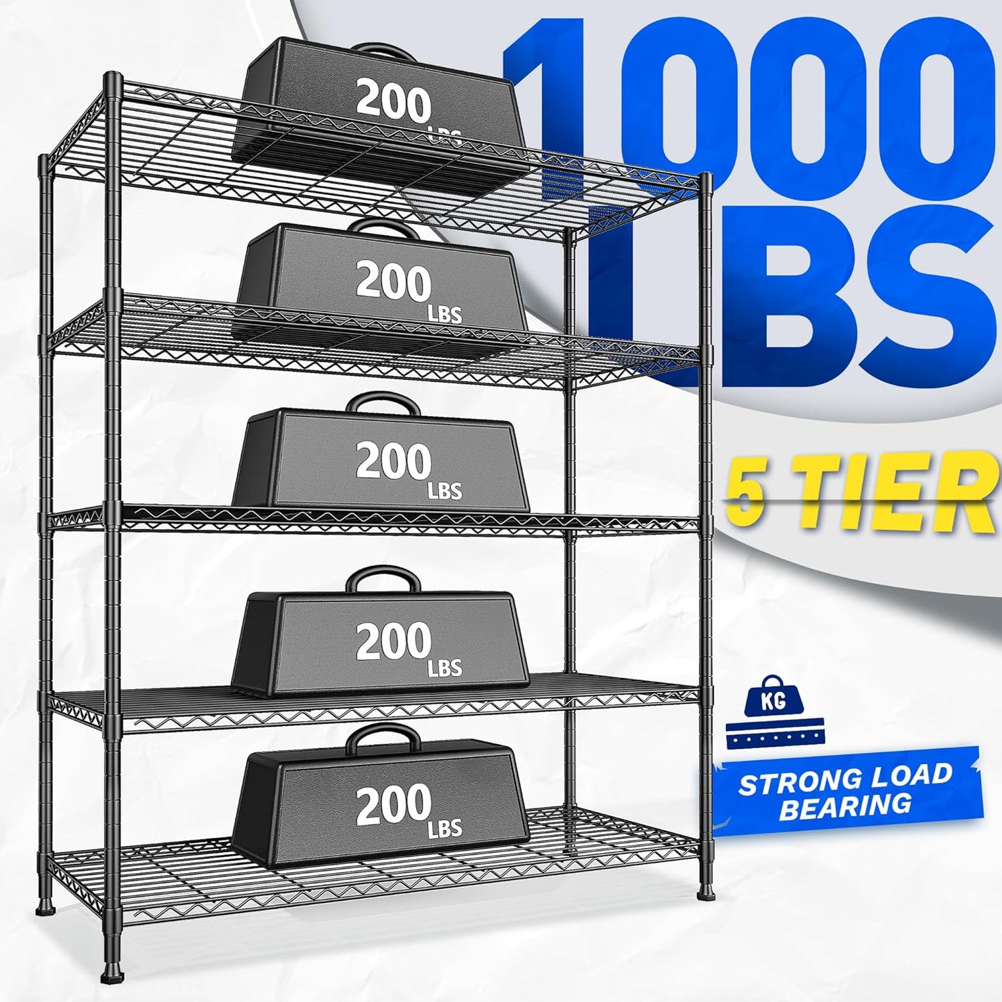 Skiennix 5-Tier Wire Shelving Unit - Adjustable Metal Storage Shelves for Kitchen, Garage & Pantry | 45"W x 13.5"D x 70.5"H - Black