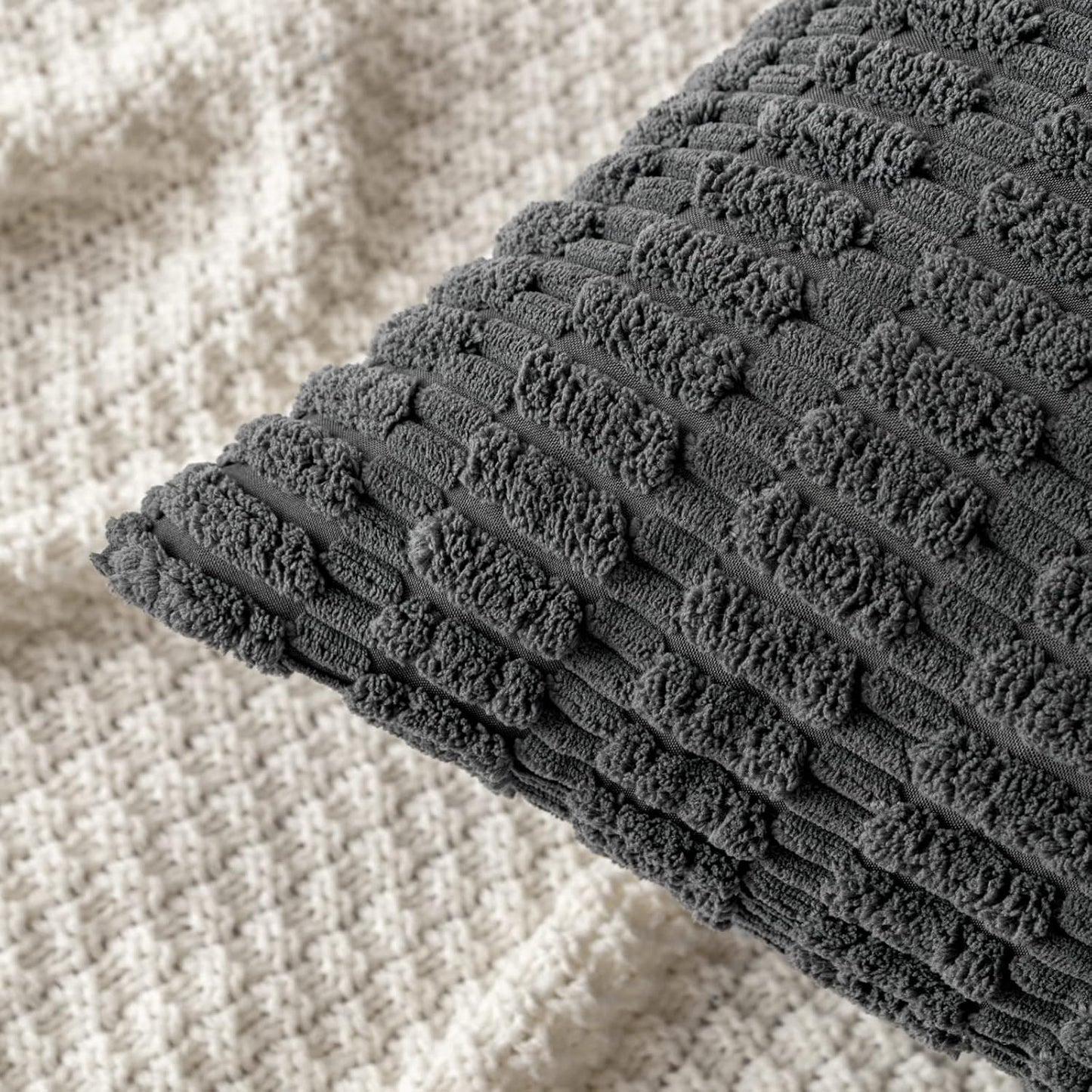 MIULEE Corduroy Lumbar Throw Pillow Covers - Soft Boho Striped Design | 20x12 Inch Dark Grey for Modern Home Decor