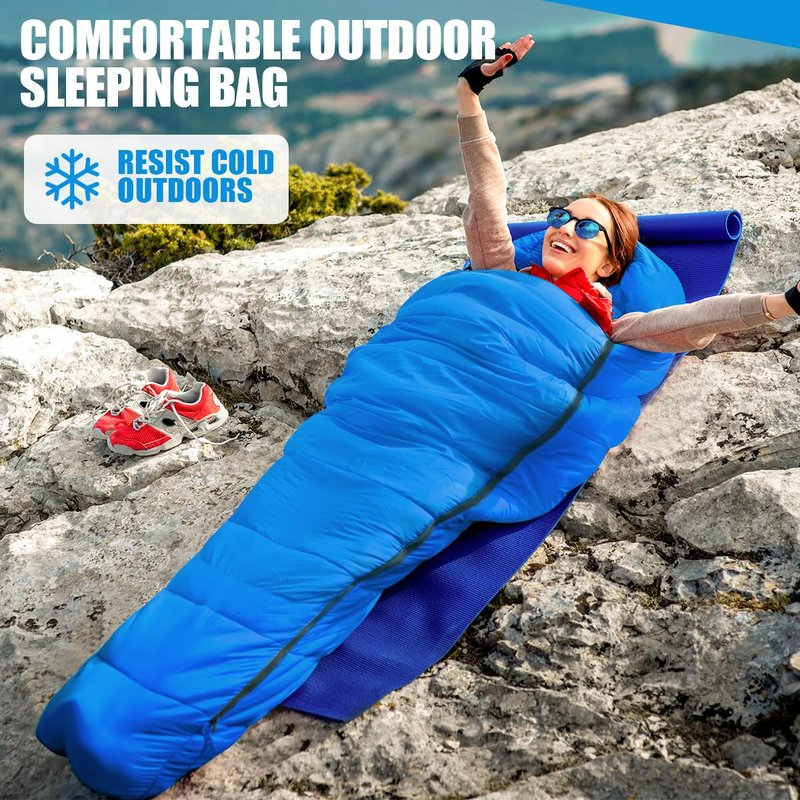 OBTANIM Sleeping Bags Portable Waterproof Thick Camping Sleeping Bag for Adults Kids 4 Seasons Cold Weather or Warm Backpacking Hiking Travel Indoor Outdoor Use (Blue)