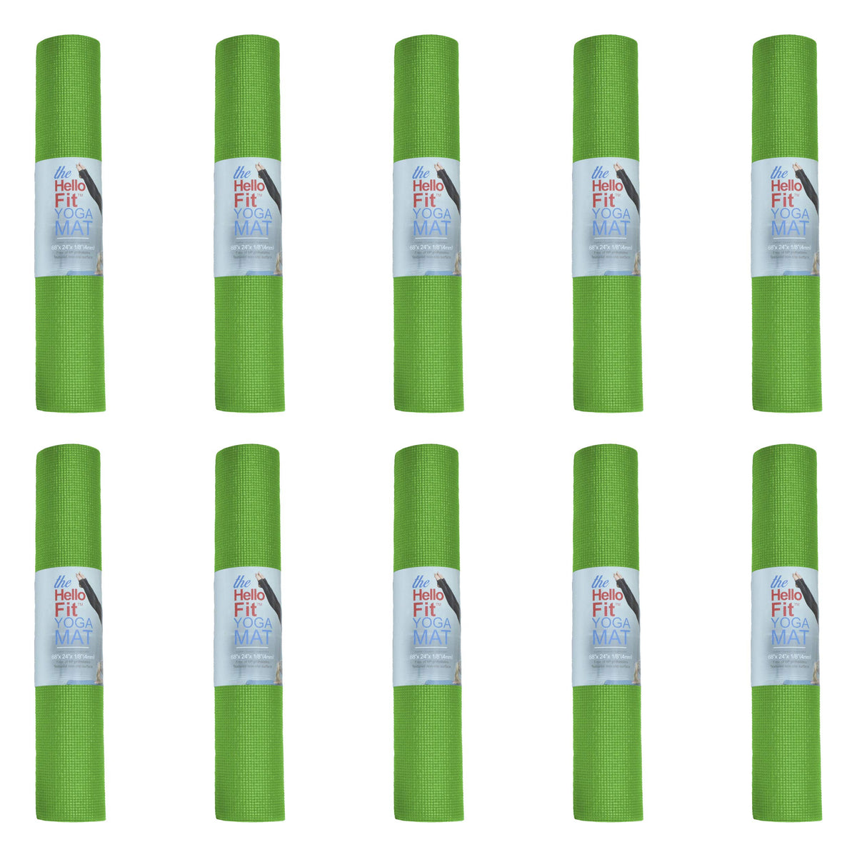 Hello Fit 10-Pack Yoga Mat, 68" x 24" Non Slip Exercise Mat, 4mm Thick Gym Mat for Fitness and Stretching, Bulk Non Toxic Yoga Mats for Schools and Studios, Green
