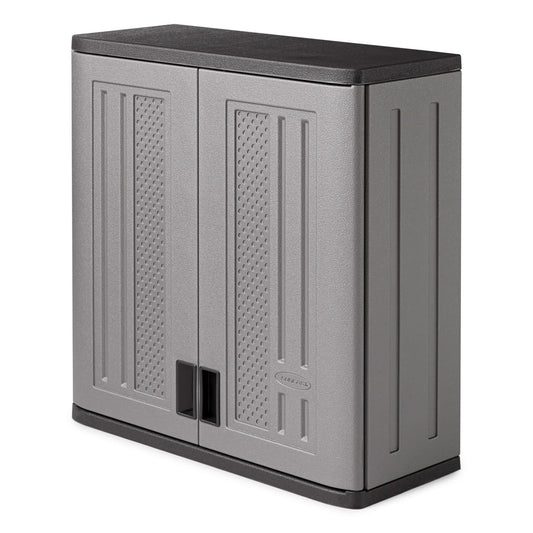 Suncast Wall Storage Cabinet for Garage Organization - 4 Cu. Ft. Wall Mounted Garage Cabinet with Shelf for Garden Supplies, Paint Cans & Outdoor Tools, Multi-Wall Resin Construction, Platinum