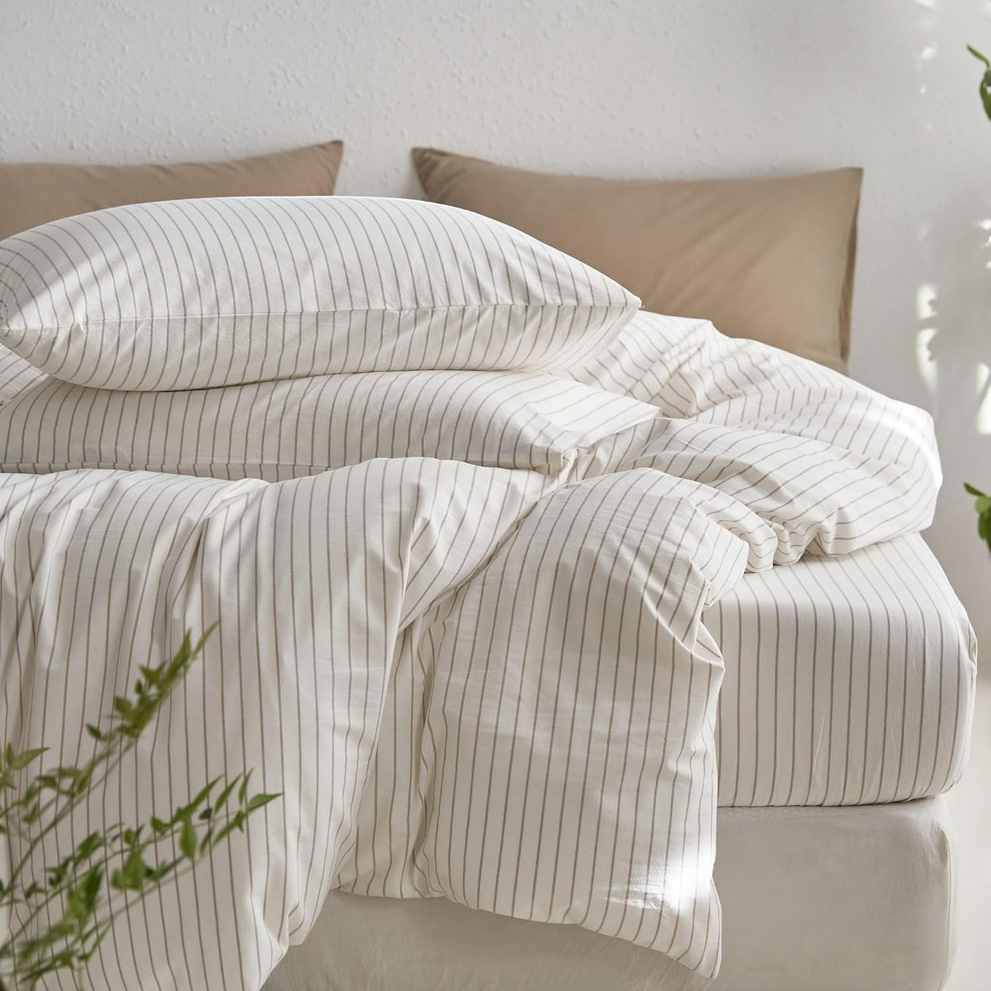 MooMee Striped Duvet Cover Set - 100% Washed Cotton, Soft & Breathable | Queen Size (White & Grey Stripes)
