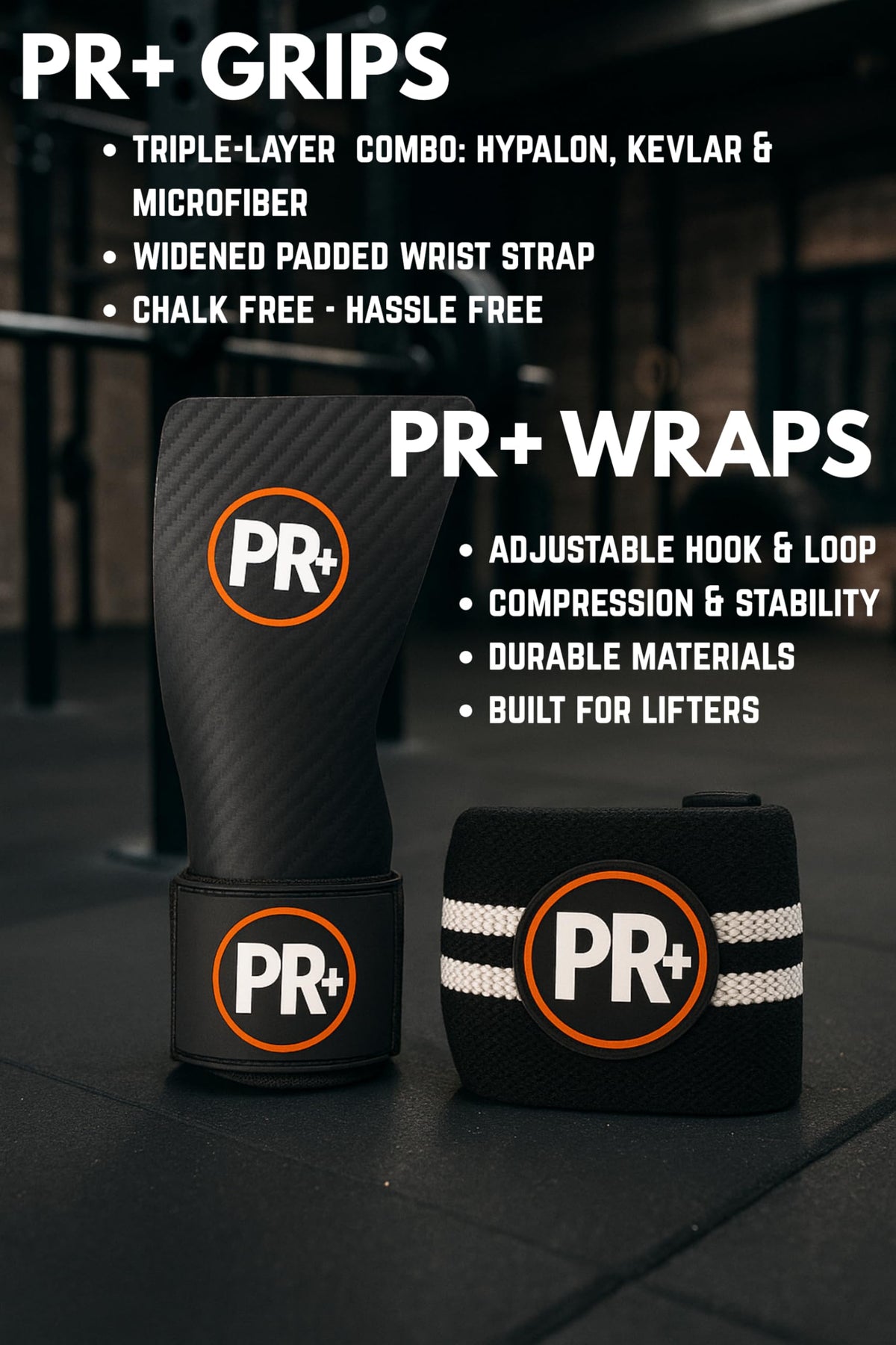 PR+ Triple Layer Chalk Free No Hole Gymnastics Grips + 18" Lifting Wrist Wraps Set – Hand otection & Wrist Support for Crossfit, Cross Training, Weightlifting, WOD (Medium)